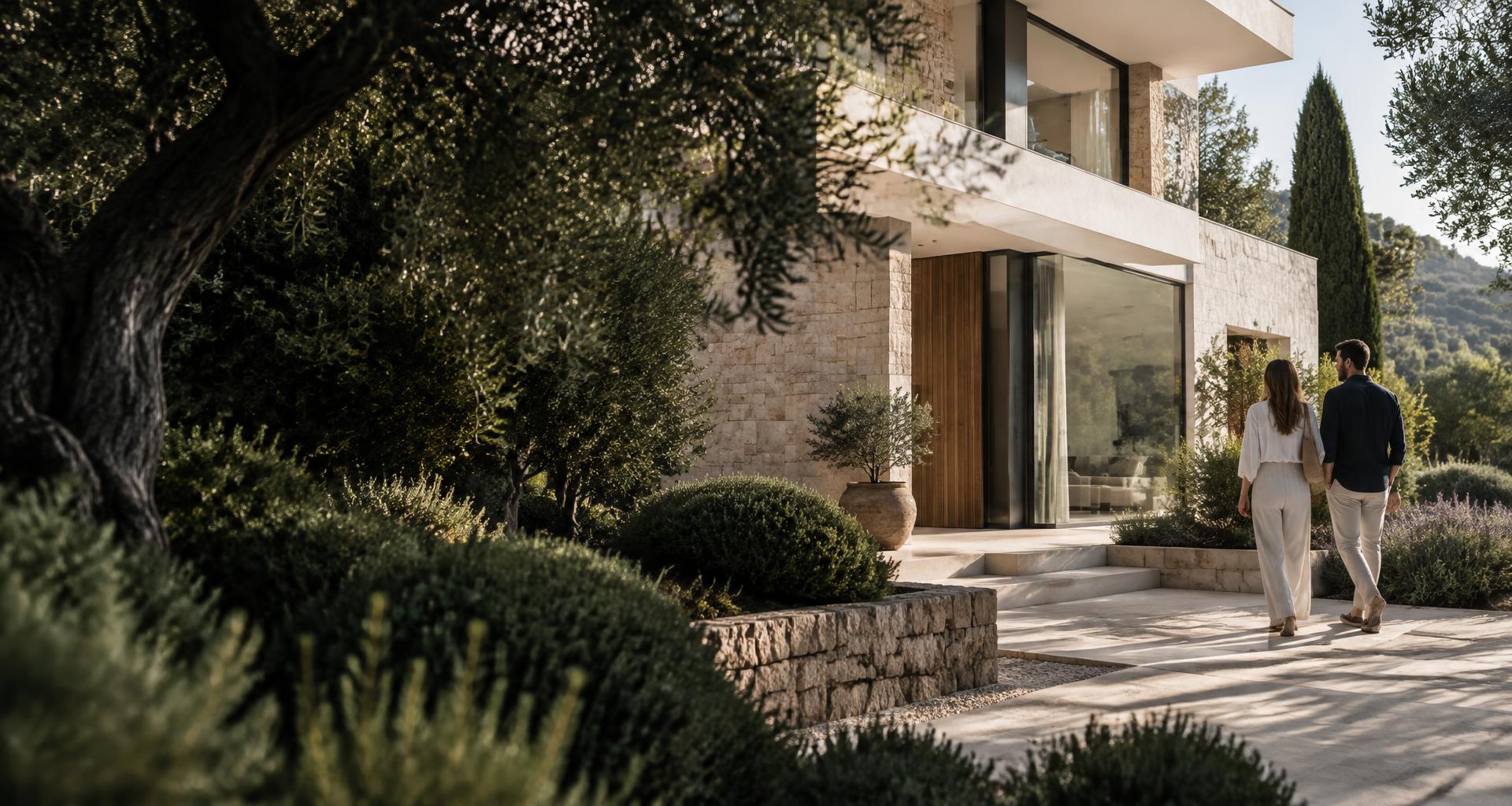 Un couple devant sa nouvelle maison, entourée de verdure